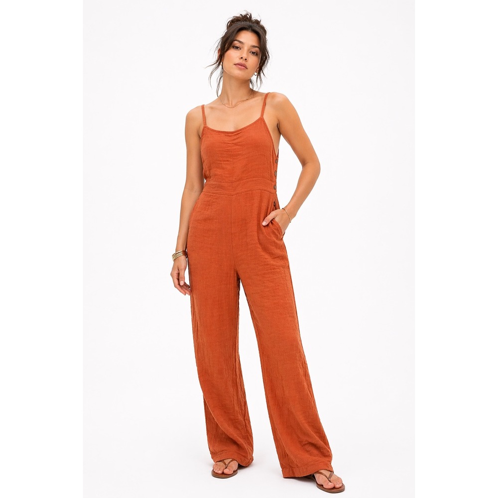 Urban Rebel Jumpsuit Womens Medium Rust Orange Cotton Gauze Wide Leg Boho Romper